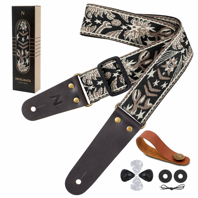 Nefelibata Guitar Strap, 2" Embroidery Full Grain Leather Ends Guitar Straps with Hidden Pocket, for Bass, Electric and Acoustic Guitars, Strap Button, Strap Locks and Guitar Picks Mystery Totem-beige