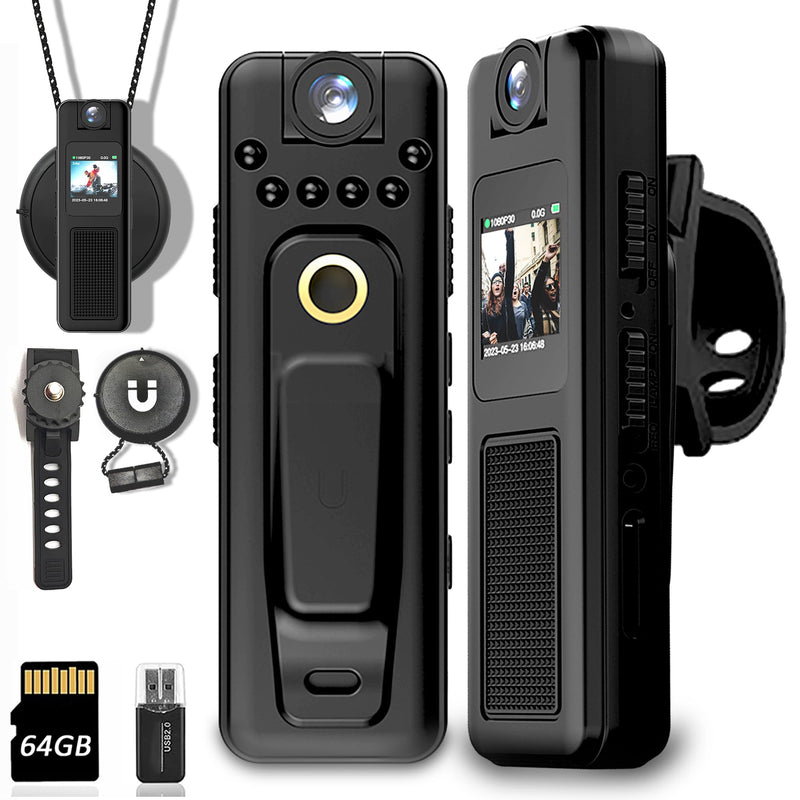 Body Camera with Audio and Video 1080p Recording, 64GB Camcorders, Rotatable Lens, Night Vision, Body Worn Cams for Personal Civilians, Service Record, Police Guard (with Magnetic Lanyard)