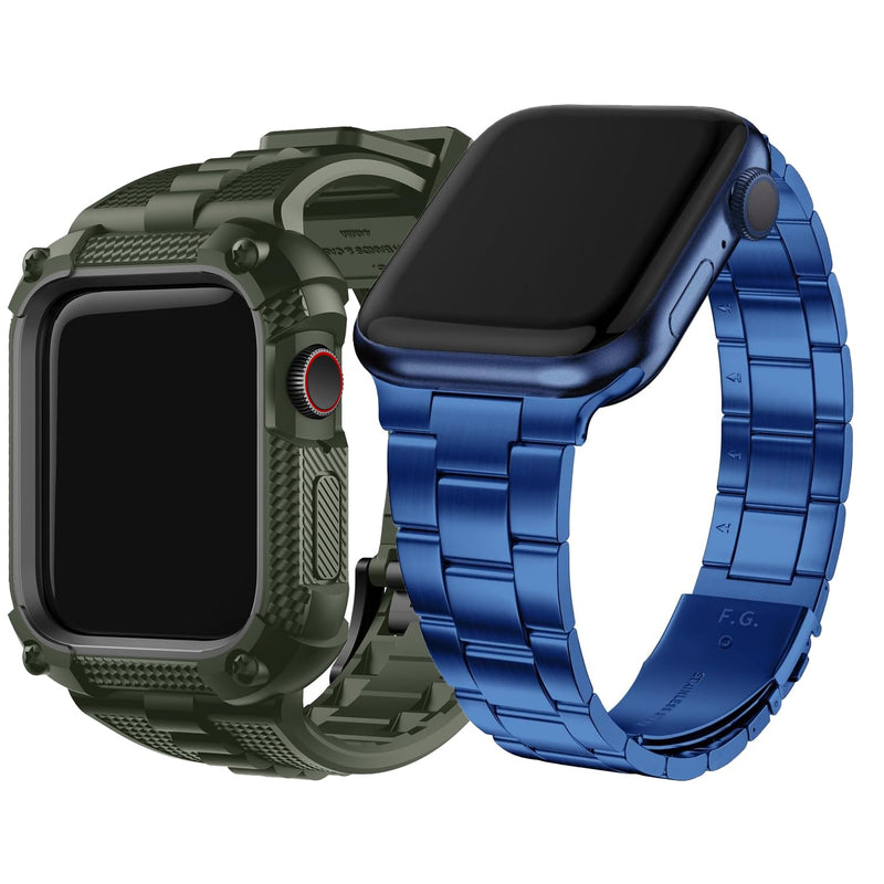 Fullmosa Compatible Silicone Apple Watch Band 45mm Army Green with Case & Compatible Metal iWatch Band with case 45mm,Blue