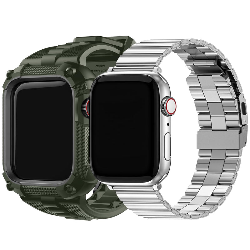 Fullmosa Compatible Silicone Apple Watch Band 45mm Army Green with Case & Compatible Metal iWatch Band 45mm,Silver