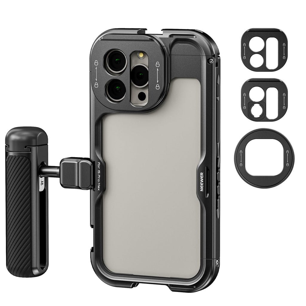 NEEWER 15 Pro Max Cage [2nd Gen], Video Rig Phone Stabilizer with Quick Release Side Handle, 67mm Filter Adapter, 17mm Lens Backplate, T Mount Lens Adapter Compatible with Moment, PA044+PA045B 6.29"x3.02"0.32"