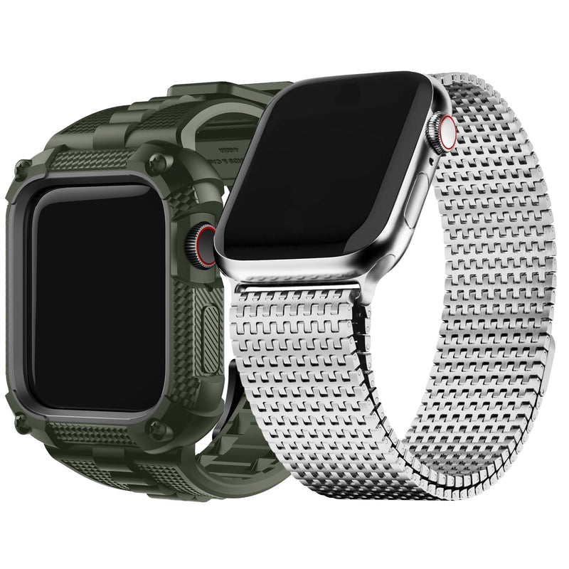Fullmosa Compatible Silicone Apple Watch Band 40mm Army Green with Bumper Case & Compatible Stainless Steel Mesh iWatch Band 40mm,Silver