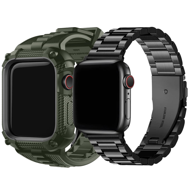 Fullmosa Compatible Silicone Apple Watch Band 40mm Army Green with Bumper Case & Compatible Stainless Steel iWatch Band with case 40mm,Black
