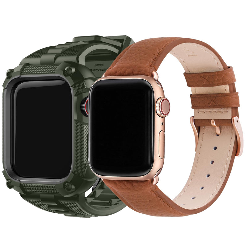 Fullmosa Compatible Silicone Apple Watch Band 40mm Army Green with Bumper Case & Compatible Leather iWatch Band 40mm,Brown+Rose Gold