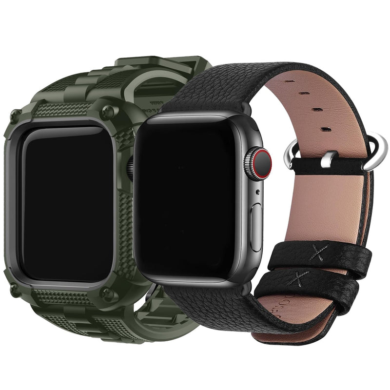 Fullmosa Compatible Silicone Apple Watch Band 40mm Army Green with Bumper Case & Compatible Leather iWatch Band 40mm,Black