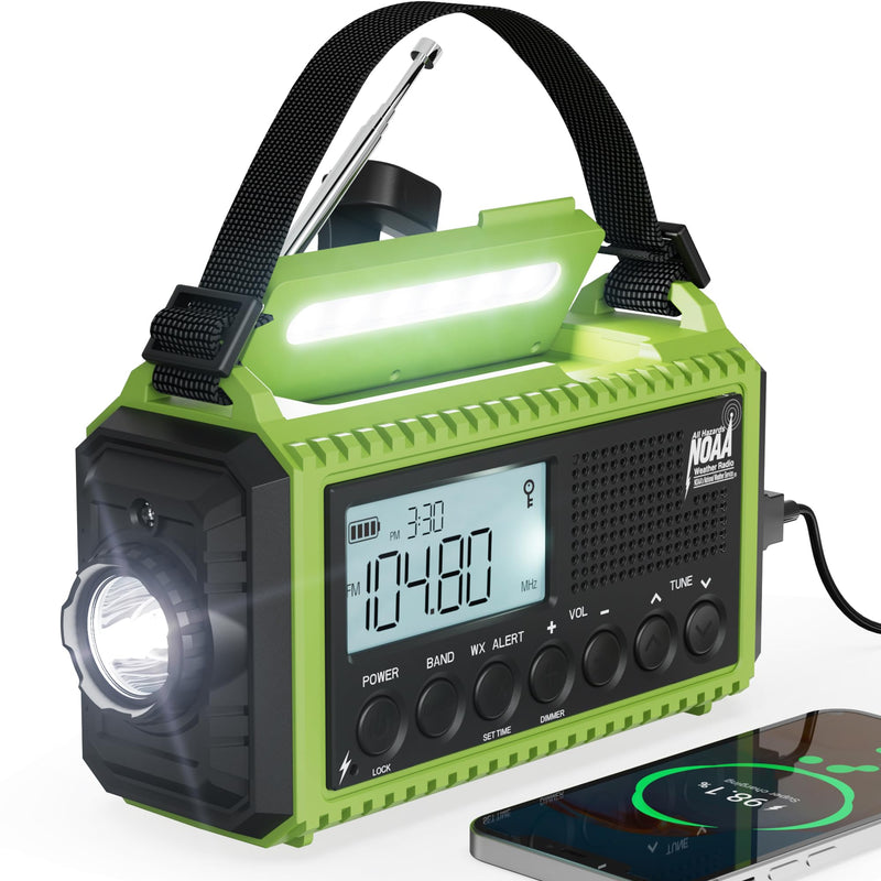 Emergency Radio,5000 NOAA Weather Radio with AM/FM/NOAA/SW,SOS Battery Operated Radio,5 Way Powered Emergency Hand Crank Radio with USB Charger, Flashlight, Reading Lamp, Headphone Jack for Outdoor Green