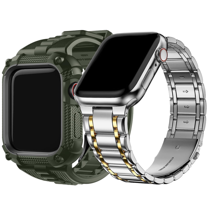 Fullmosa Compatible Silicone Apple Watch Band 40mm Army Green with Bumper Case & Compatible Stainless Steel iWatch Band with case 40mm,Silver with Gold