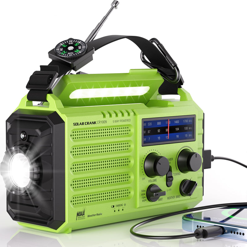 [AUSTRALIA] - Mesqool Emergency Radio 5 Way Powered, 5000 Survival Radio Solar Hand Crank Portable NOAA/AM/FM/SW Weather Radio Battery Backup, Wind up Radio with Cell Phone Charger, Flashlight, SOS green 