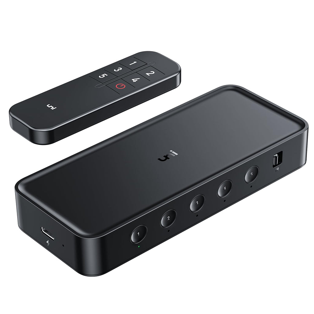 uni HDMI Switch 5 in 1 Out 4K@60Hz, HDMI Splitter Switcher with Remote, 5 Port HDMI 2.0 Selector Splitter Box Support 3D, HDCP2.2, HDR Compatible with Laptop, PS5/4, Xbox, Roku TV, Fire Stick