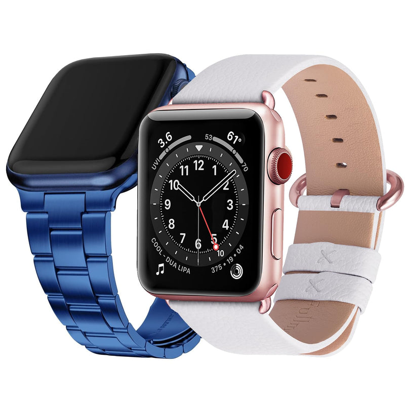 Fullmosa Compatible Metal No tools needed Apple Watch Band 44mm/45mm/42mm Blue with Case & Compatible Leather Apple Watch Band 44mm/45mm/42mm,Off-White