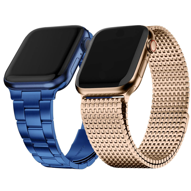 Fullmosa Compatible Metal No tools needed Apple Watch Band 44mm/45mm/42mm Blue with Case & Compatible Stainless Steel Apple Watch Band with case 44mm/45mm/42mm,Rose Gold