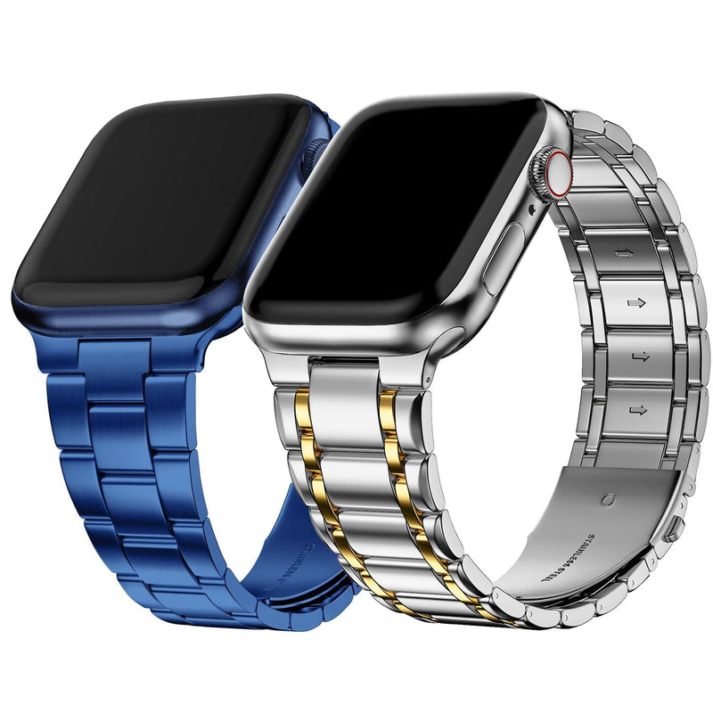 Fullmosa Compatible Metal No tools needed Apple Watch Band 44mm/45mm/42mm Blue with Case & Compatible Stainless Steel Apple Watch Band with case 44mm/45mm/42mm,Silver with Gold