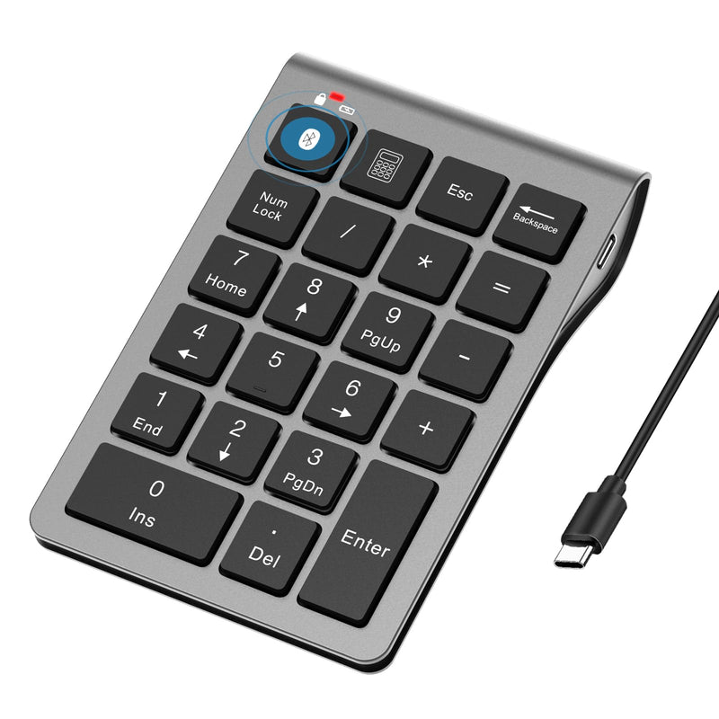 [AUSTRALIA] - Bluetooth Number Pad Wireless & Wired 10 Key USB Keypad Two in One, Rechargeable Numpad for Laptops, Desktop, Computers Accessories Compatible with MacBook iPads ChromeBook EliteBook Notebook etc. Metal Grey 