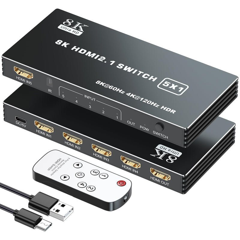 HDMI 2.1 Switch 5x1, 8K HDMI Switch 5 in 1 Out, Support 8K/60Hz 4K/120Hz HDCP 2.3 HDR10, 5-Port HDMI Switcher Selector Box Compatible with PS3/4/5, Fire Stick, DVD, Xbox Switch and Other HDMI Devices 8k 5 in 1 out