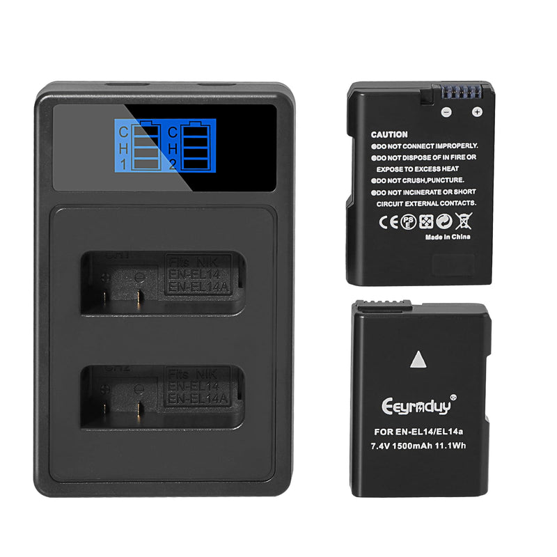 EN-EL14 / EN-EL14a 2-Pack Batteries and Charger for Nikon D5100 D5200 D5300 D5500 D5600 D3100 D3200 D3300 D3400 D3500 DF Coolpix P7000 P7100 P7700 P7800 Cameras 2 batteries and charger