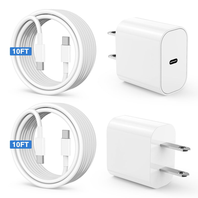 [AUSTRALIA] - iPhone 15 Charger 10 Ft with 20w USB C Charger Block,2-Pack 20W Fast Wall Charger for 15/15 Pro/Pro Max/iPad Pro AirPods/Samsung and More, with 2 Pack 10ft USB-C Cable 2Pack-10FT White 
