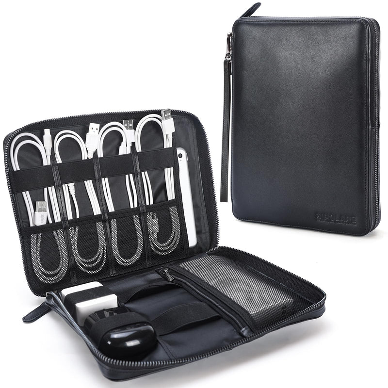 Polare Full Grain Leather Travel Cable Organizer Case Electronics Accessories Carry Bag with YKK Zippers Tech Storage Bag for Cables, Power Bank, USB, SD Card, Travel Essentials Black