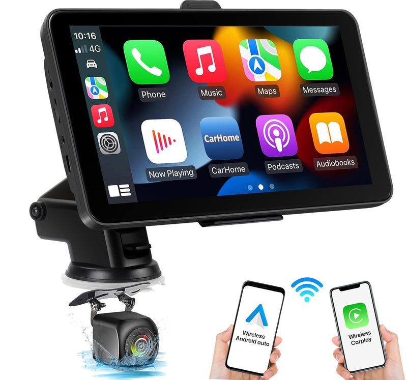 7" Wireless Apple CarPlay & Android Auto Car Screen, HD Portable/Double Din Car Stereo with GPS Navigation, Backup Camera, Voice Control, Bluetooth, FM Radio for All Cars 7 Inch Reverse Camera