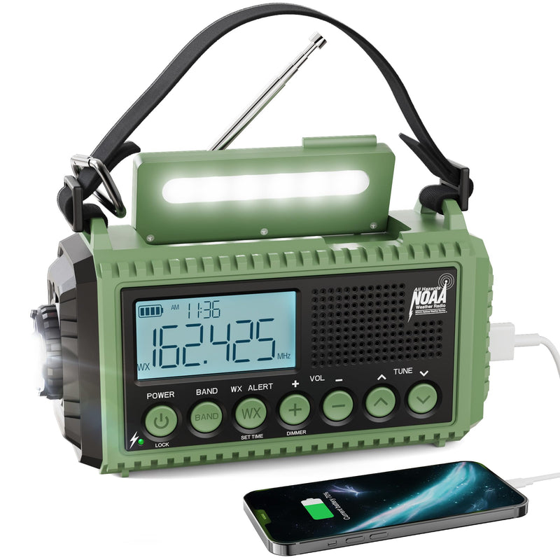[AUSTRALIA] - Raynic Emergency Radio, 12000mAh/44400mWh Battery Operated Weather Radio, Solar Hand Crank Radio with AM/FM/SW/NOAA Alert, Cell Phone Charger, Type-C Charging, Flashlight and SOS Siren Olive-Green-LCD Display 