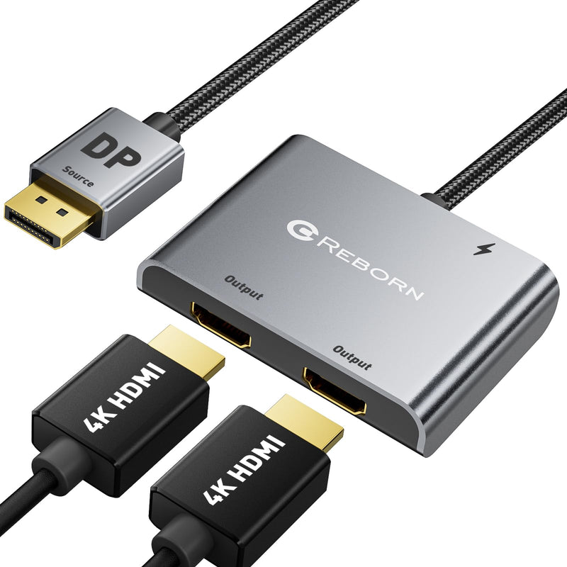 Reborn DisplayPort to Dual HDMI Adapter 4K@60Hz Display Port to HDMI 1 in 2 Out Splitter for Dual Monitor Extended Display, DP Source to 2 HDMI Adapter with PC, Graphics Card, Lenovo, HP and More MST-DP to Dual HDMI Adapter