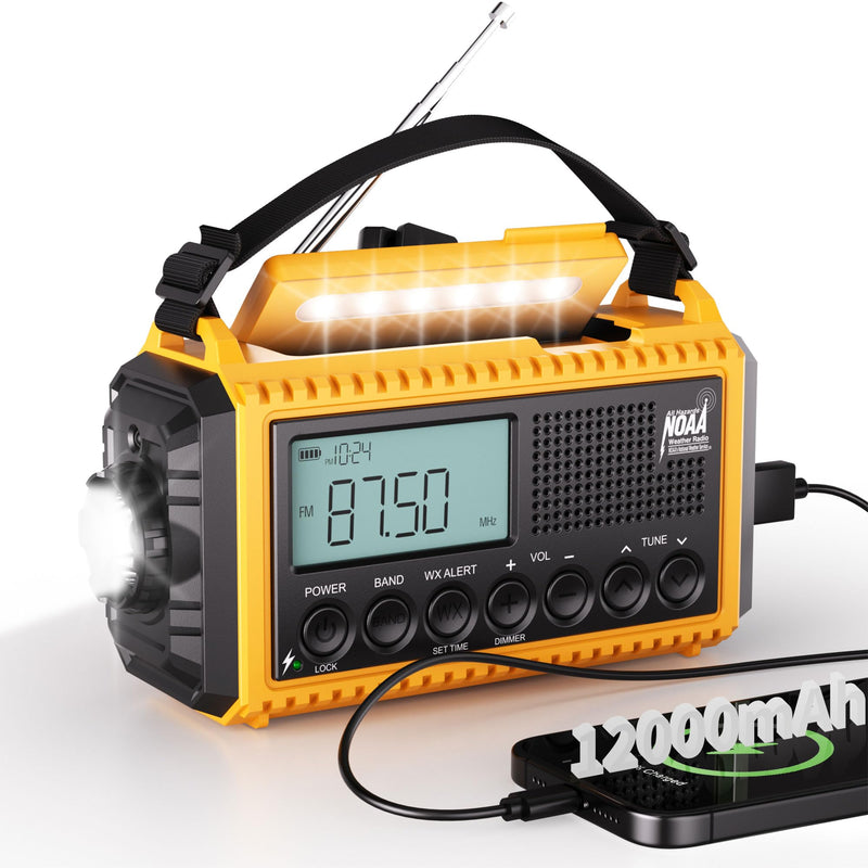 Mesqool 12000 Emergency Radio, Auto Digital Weather Radio NOAA/AM/FM/SW Battery Backup Crank with Flashlight Phone Charger, Portable Solar Powered Radio Backlit LCD Display, SOS Yellow/Black