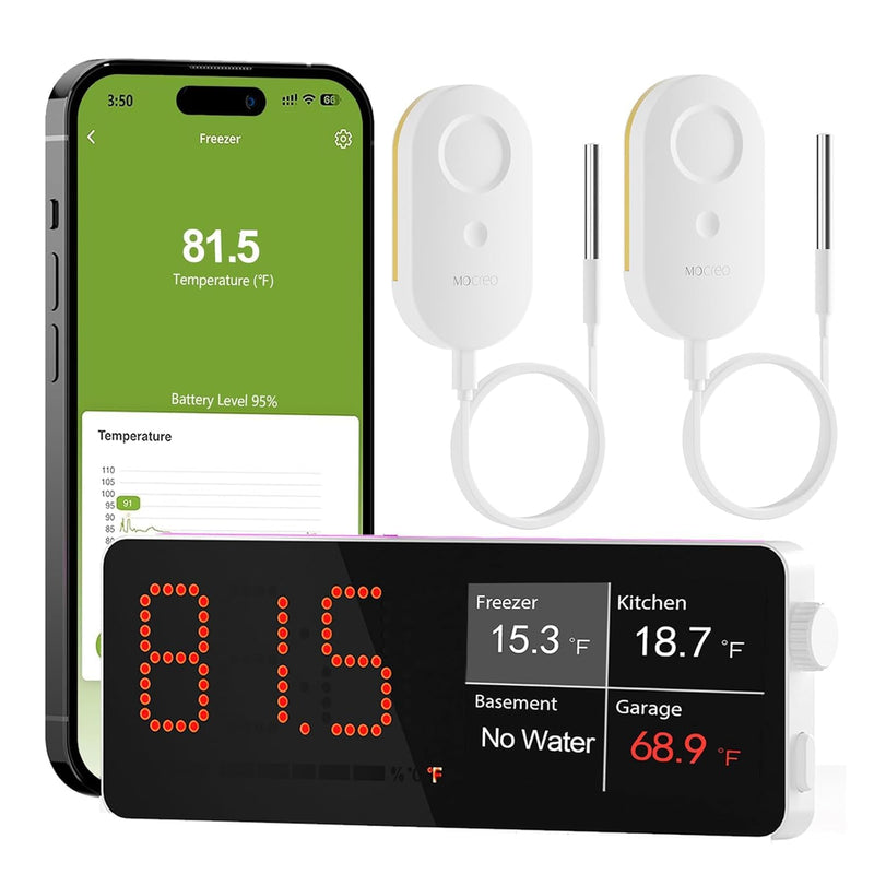 [AUSTRALIA] - MOCREO WiFi Freezer Thermometer Alarm with Digital Monitor Hub, App and Email Alerts, 2-Year Data Export, No Subscription Fee, 2 Remote Temperature Sensors for Home Refrigerator, Fridge, Freezer 1 LCD Hub + 2 Sensors 