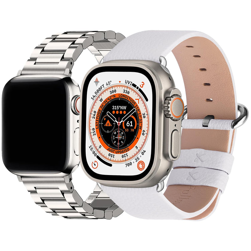 Fullmosa Compatible Stainless Steel Apple Watch Band with case Ultra/Ultra2 49mm Starlight with Case & Compatible Leather Apple Watch Band Ultra/Ultra2 49mm.Whote