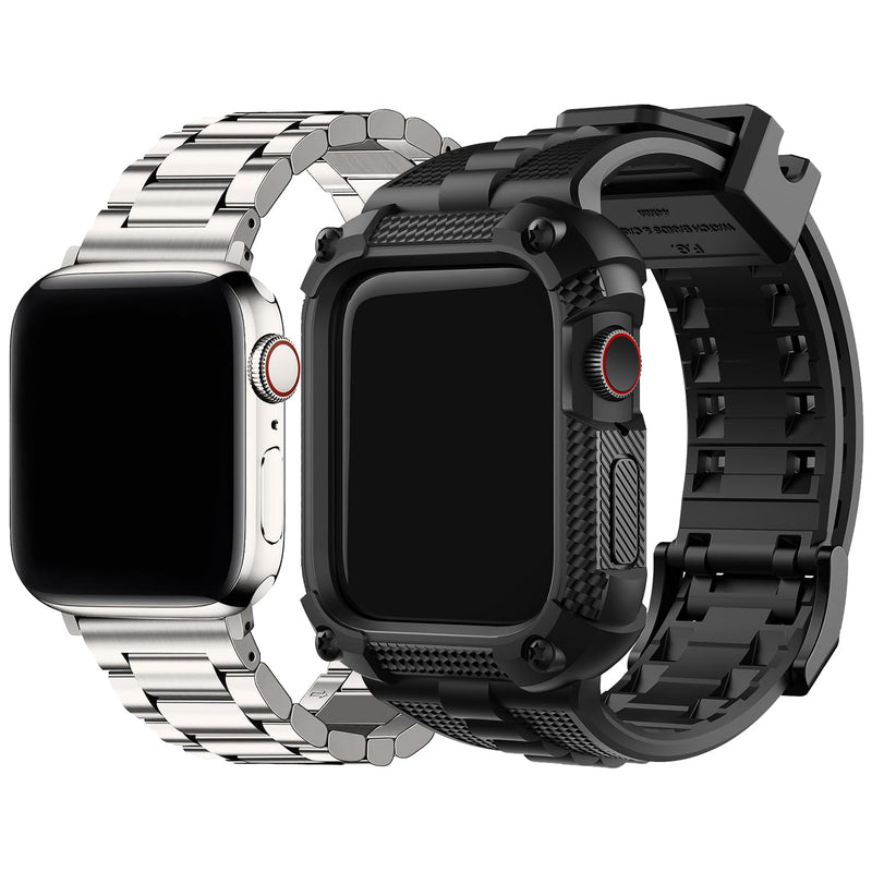 Fullmosa Compatible Stainless Steel Apple Watch Band with case Ultra/Ultra2 49mm Starlight with Case & Compatible Silicone Apple Watch Band with case Ultra/Ultra2 49mm,Black