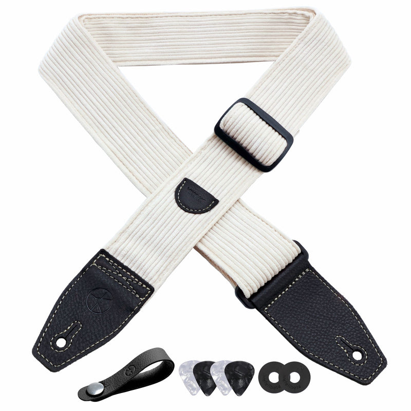 Guitar Strap 2 inch Corduroy Guitar Straps with Full Grain Leather End, for Bass Electric and Acoustic Guitars, Free Strap Button, 2 Strap Locks and 4 Guitar Picks Corduroy Series White