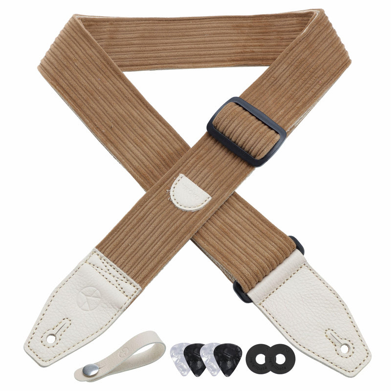 [AUSTRALIA] - Guitar Strap 2 inch Corduroy Guitar Straps with Full Grain Leather End, for Bass Electric and Acoustic Guitars, Free Strap Button, 2 Strap Locks and 4 Guitar Picks Corduroy Series Light Camel 