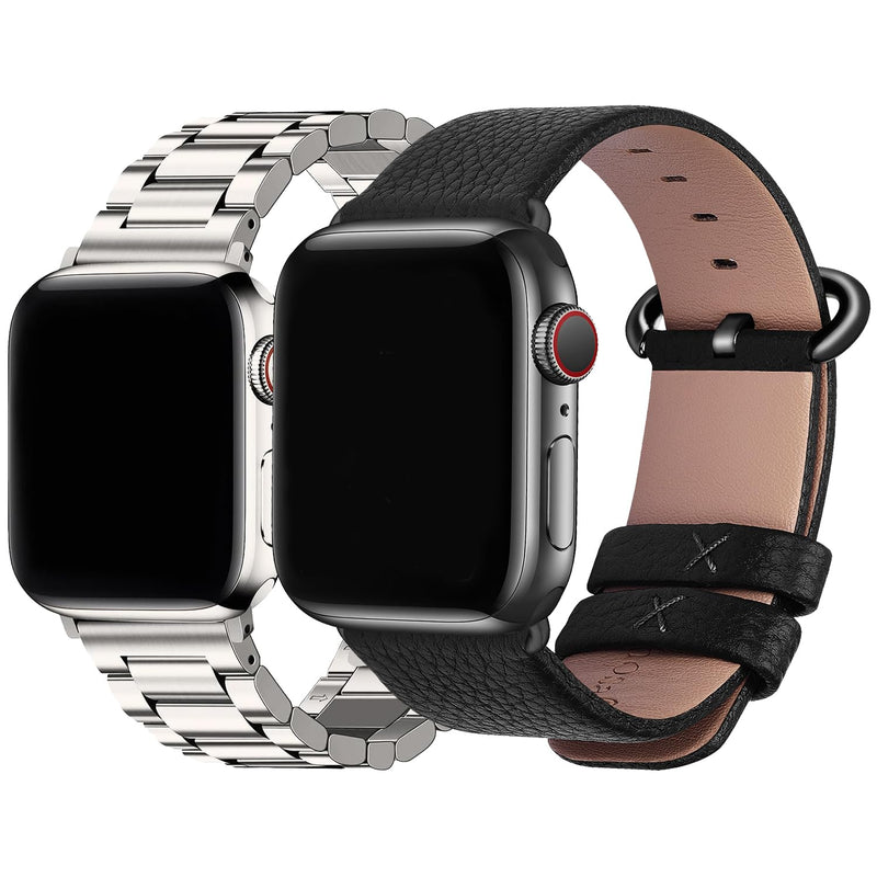 Fullmosa Compatible Stainless Steel Apple Watch Band with case Ultra/Ultra2 49mm Starlight with Case & Compatible Leather Apple Watch Band Ultra/Ultra2 49mm,Black
