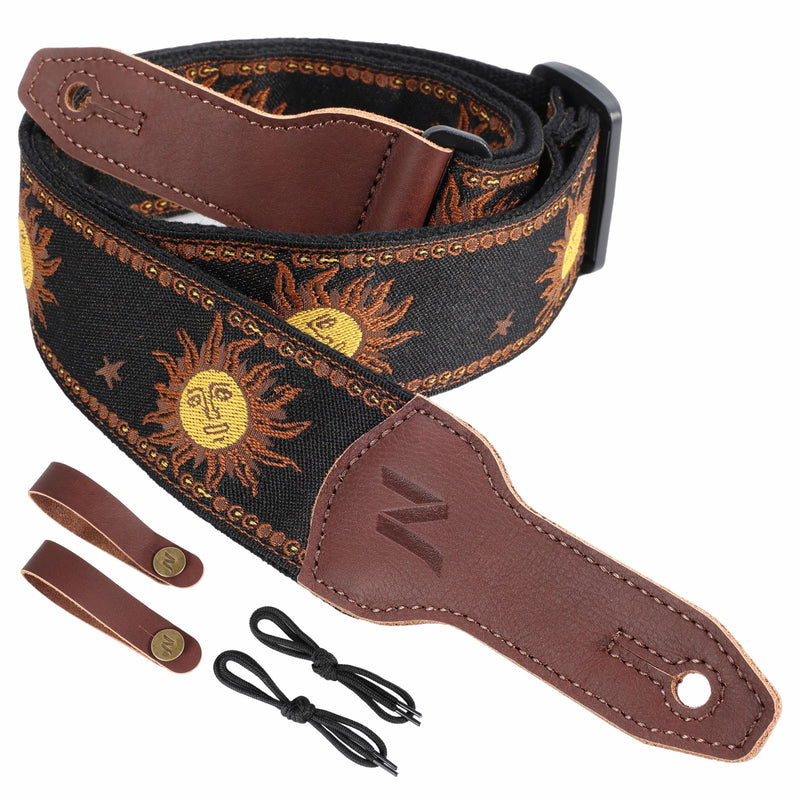 Nefelibata Banjo Strap, 2" Wide Double Full Grain Cowhide Guitar Strap Adjustable Replacement,Multi-pattern Guitar Strap With Headstock Rope and Leather Headband(Sun God Embroidery) Sun God Embroidery