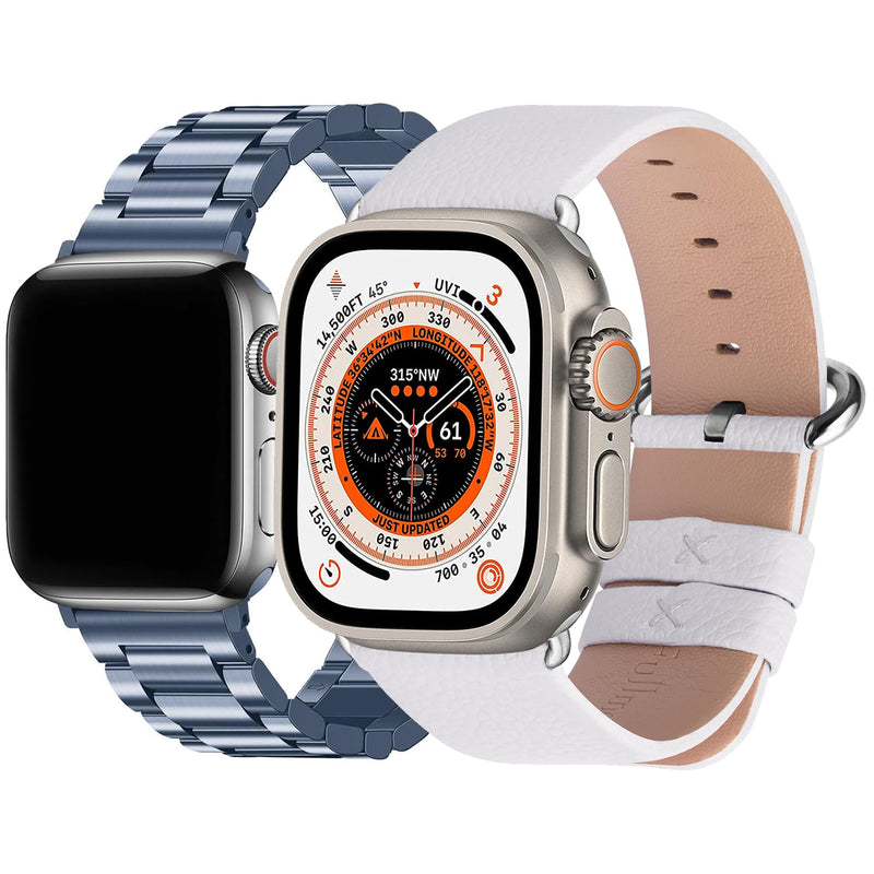 Fullmosa Compatible Stainless Steel Apple Watch Band with case 41mm/40mm/38mm Blue Grey & Compatible Leather iWatch Band 41mm/40mm/38mm,White