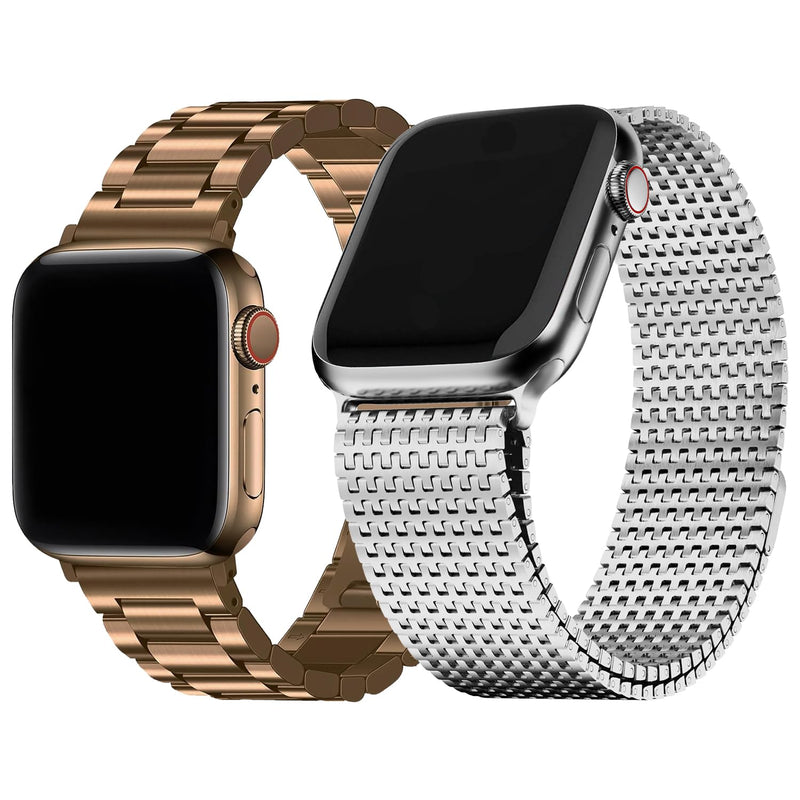 Fullmosa Compatible Stainless Steel Apple Watch Band with case 41mm/40mm/38mm Coffee Gold & Compatible Metal iWatch Band with case 41mm/40mm/38mm,Silver