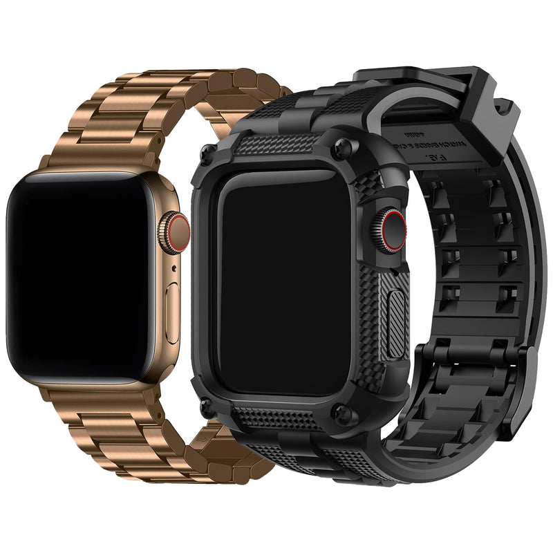 Fullmosa Compatible Stainless Steel Apple Watch Band with case 45mm Coffee Gold & Compatible Silicone Apple Watch Band 45mm,Black