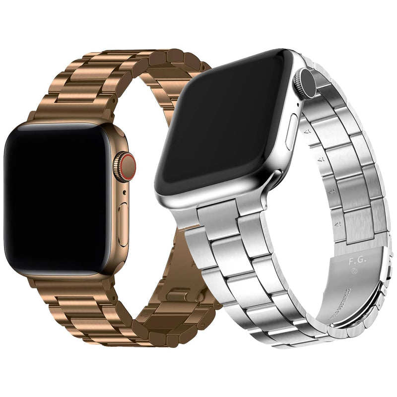 Fullmosa Compatible Stainless Steel Apple Watch Band with case 44mm/45mm/42mm Coffee Gold & Compatible Metal Apple Watch Band with case 44mm/45mm/42mm,Silver