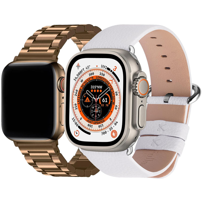 Fullmosa Compatible Stainless Steel Apple Watch Band with case 41mm/40mm/38mm Coffee Gold & Compatible Leather iWatch Band 41mm/40mm/38mm,White