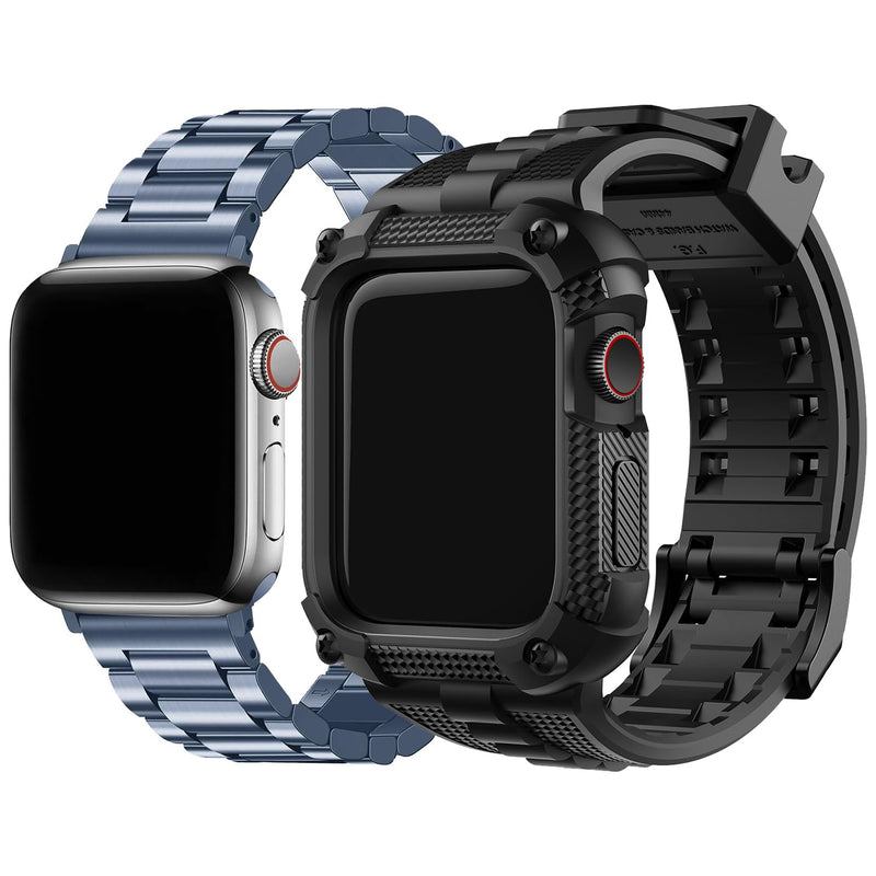 Fullmosa Compatible Stainless Steel Apple Watch Band with case 45mm Blue Grey & Compatible Silicone Apple Watch Band 45mm,Black