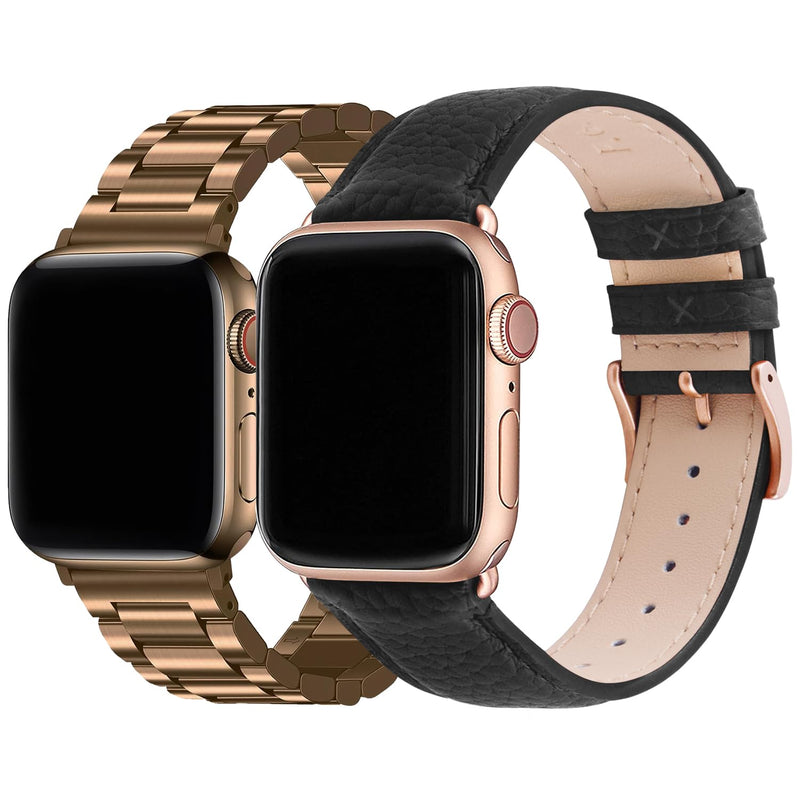 Fullmosa Compatible Stainless Steel Apple Watch Band with case 41mm/40mm/38mm Coffee Gold & Compatible Leather iWatch Band 41mm/40mm/38mm,Black+Rose Gold