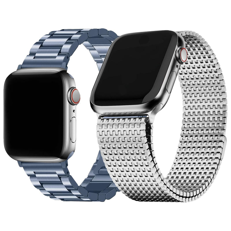Fullmosa Compatible Stainless Steel Apple Watch Band with case 41mm/40mm/38mm Blue Grey & Compatible Metal iWatch Band with case 41mm/40mm/38mm,Silver