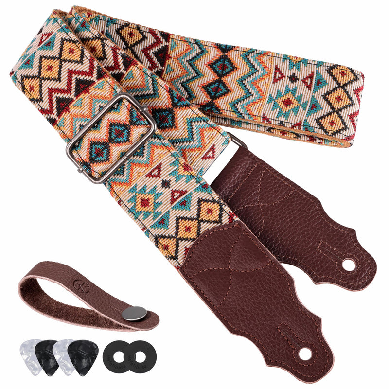 [AUSTRALIA] - Guitar Strap, Head Layer Cowhide Leather End, 2 Inches Wide, for Acoustic and Bass Electric Guitars, Free Button, 2 Strap Locks and 4 Guitar Picks Light Boho 