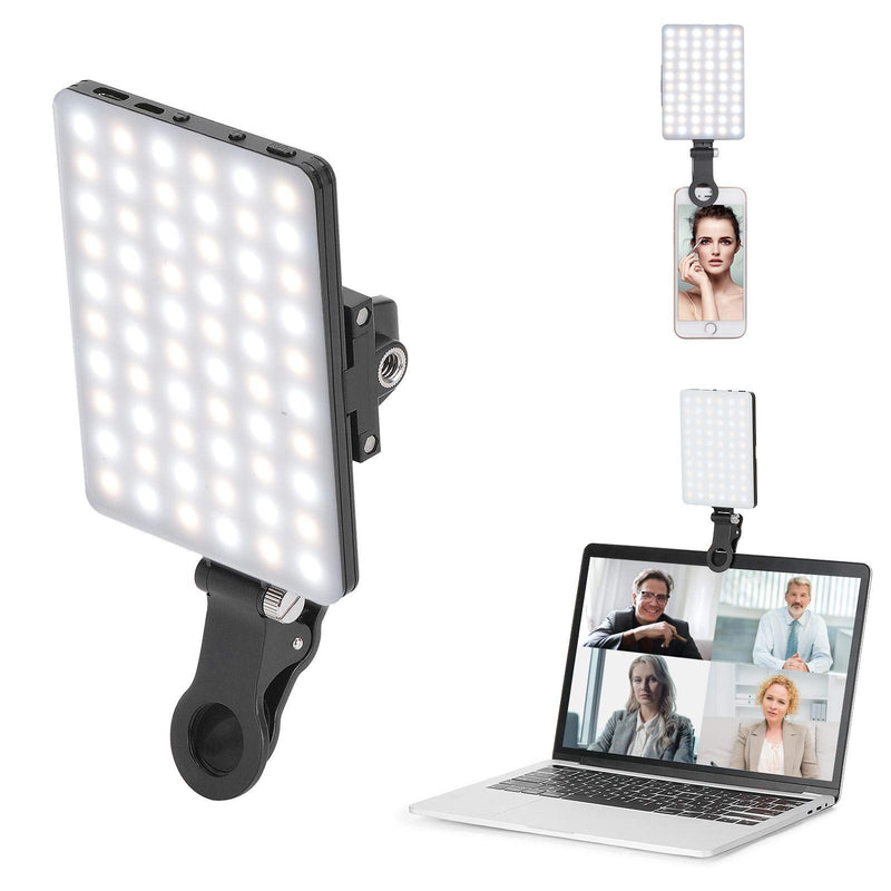 60 LED High Power Rechargeable Clip Fill Video Conference Light with Front & Back Clip, Adjusted 3 Light Modes for Phone, iPhone, Android, iPad, Laptop, for Makeup, TikTok, Selfie, Vlog 2000 Mah - Black
