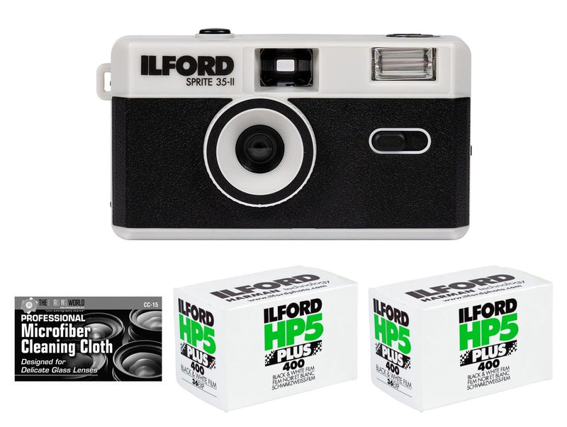 [AUSTRALIA] - Bundle of Ilford Sprite 35-II Reusable/Reloadable 35mm Analog Film Camera (Black and Silver) with Two Rolls of HP5 Film and Cloth 