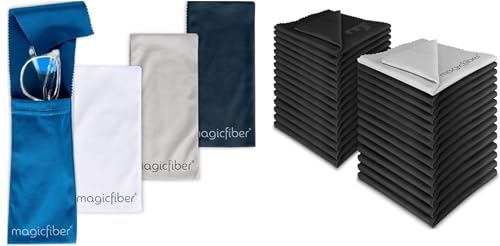 MagicFiber 34 PK Glasses Cleaner and Storage Kit - 4 Eyeglass Storage Pouches + 30 Microfiber Cleaning Cloths - Premium Eye Glass Pouches and Glasses Wipes