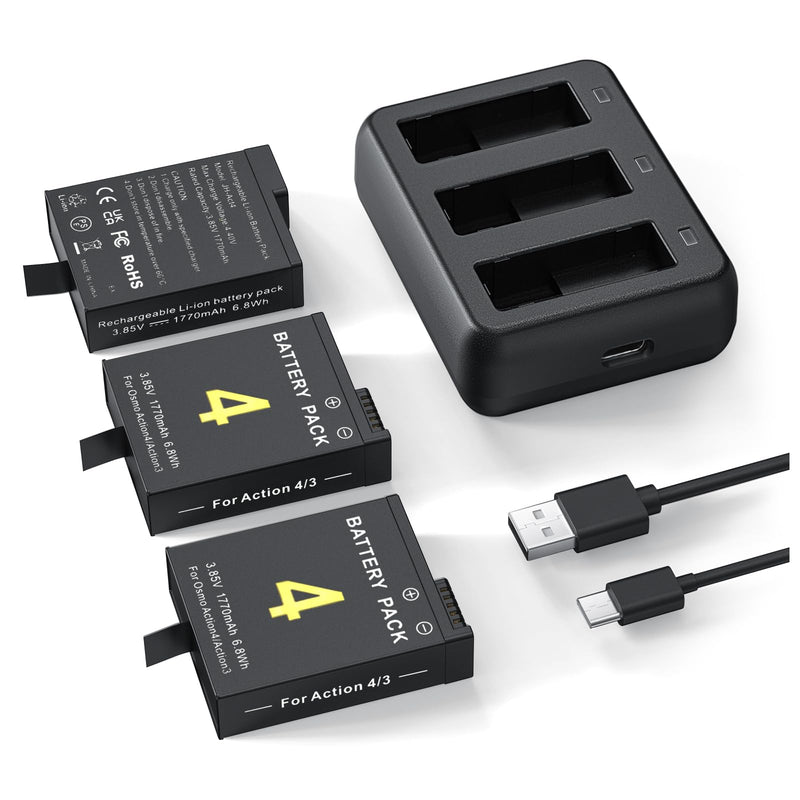 3 Packs Replacement Batteries for DJI Osmo Action 4, Osmo Action 3, 1770mAh Rechargeable Battery Compatible with DJI Osmo Action 4 3 Accessories, with 3-Channel Battery Charger