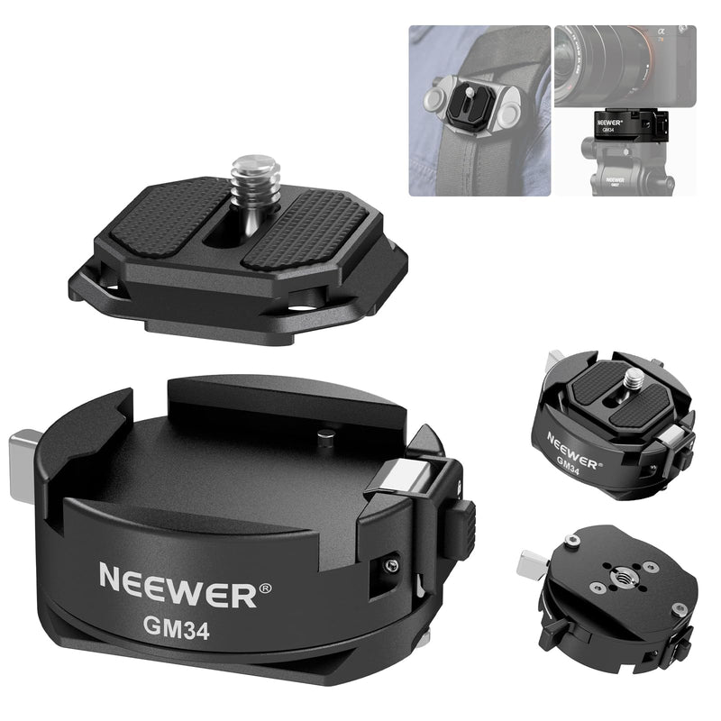 Neewer GM34 Camera Quick Release Plate Kit, Quick Switch Auto Lock Square QR Mount Plate with Arca Type Clamp Base, Compatible with Arca Swiss Peak Design Capture V3 Camera Clip, Max Load 11lb/5kg