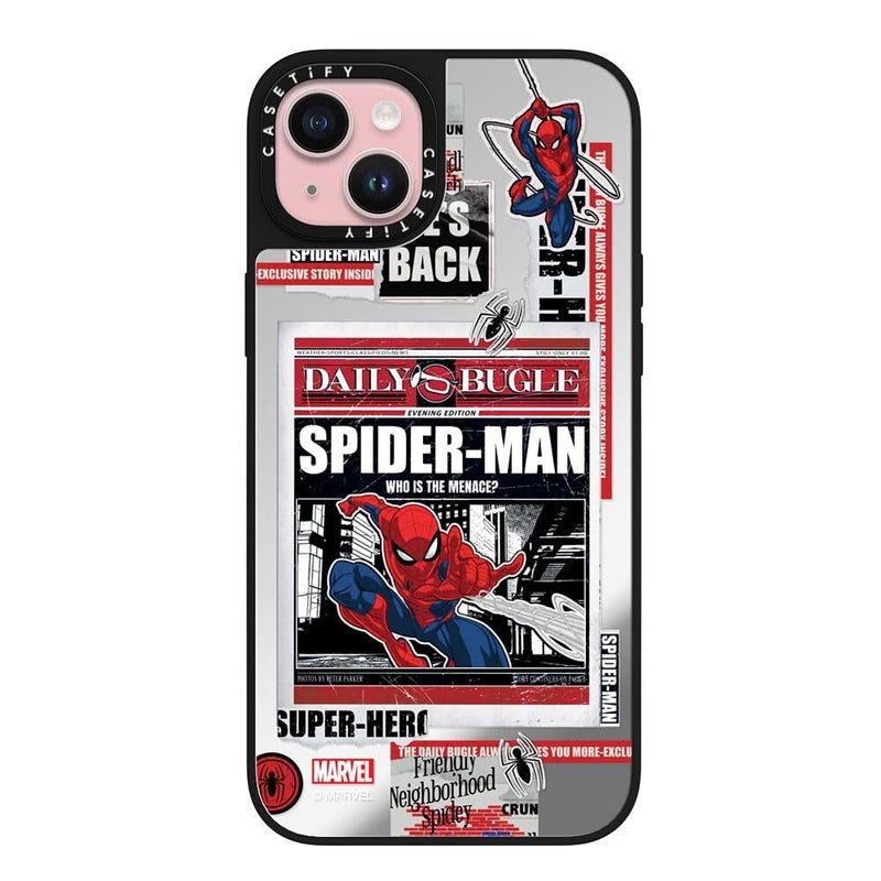 CASETiFY for iPhone 15 Plus Case - Mirror Compatible with MagSafe | Spider Man CoLab | Reflective | 4.9 ft. Drop Protection | Spider-Man Newspaper Sticker Case | Silver On Black 15 Plus Magsafe Mirror