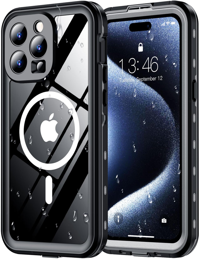 Red2Fire for iPhone 15 Pro Max Case Waterproof, [Built-in Screen Protector & Camera Protector][Compatible with MagSafe][Full Body Shockproof][IP68 Waterproof][Dustproof] Phone Case 6.7" Black/Clear iPhone 15 Pro Max 6.7"
