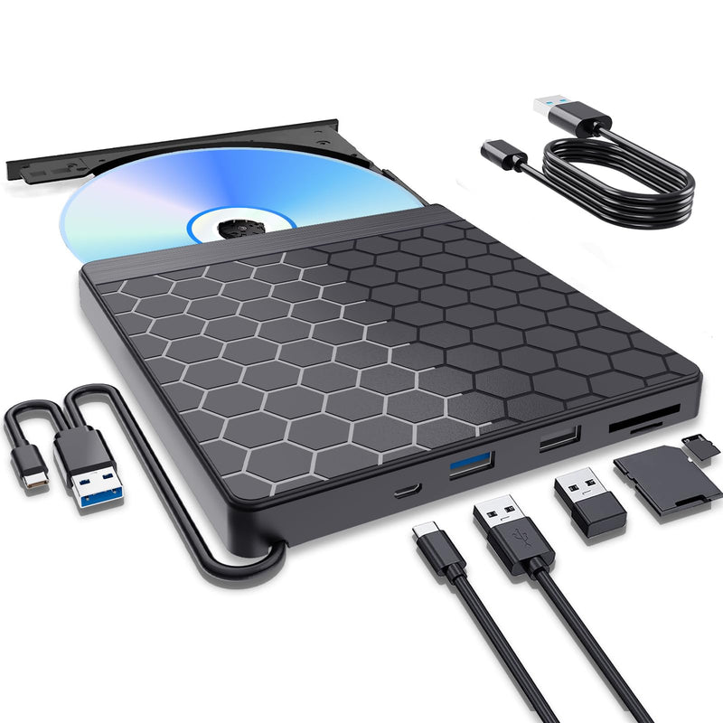 External CD/DVD Drive for Laptop, CD Burner with 2 USB Ports &TF/SD Card Slots, DVD Player for Laptop, USB 3.0 DVD Drive External CD Reader Compatible with Laptop Desktop PC Windows 11/10/8.1/7 Mac black