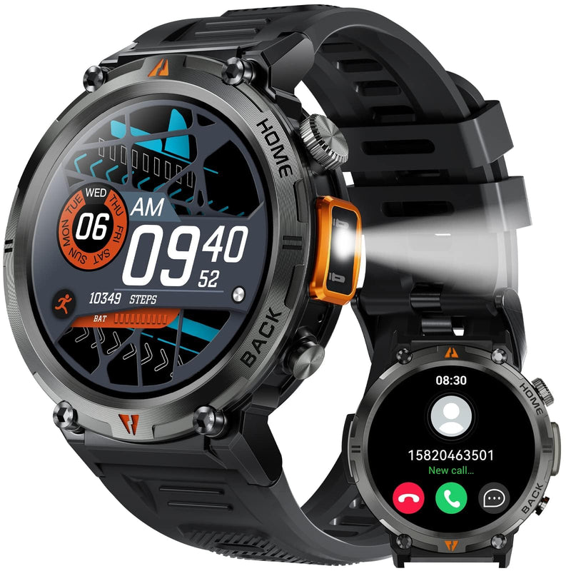 Military Smart Watch for Men with LED Flashlight 1.45" HD 3ATM Waterproof | Rugged Smart Watch with 100+ Sports Modes Fitness Tracker with Heart Rate/Sleep Monitor Tactical Smartwatch for iOS Android Orange